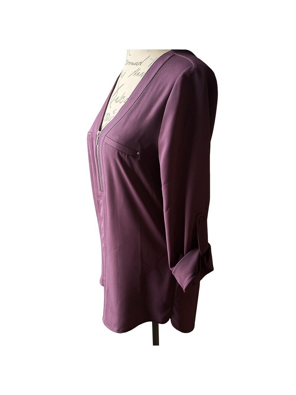 FORTUNE + IVY🍇 Women’s Zip-Front V-Neck Blouse 👠💜 Size S – Style #1733M6D - Picture 6 of 9